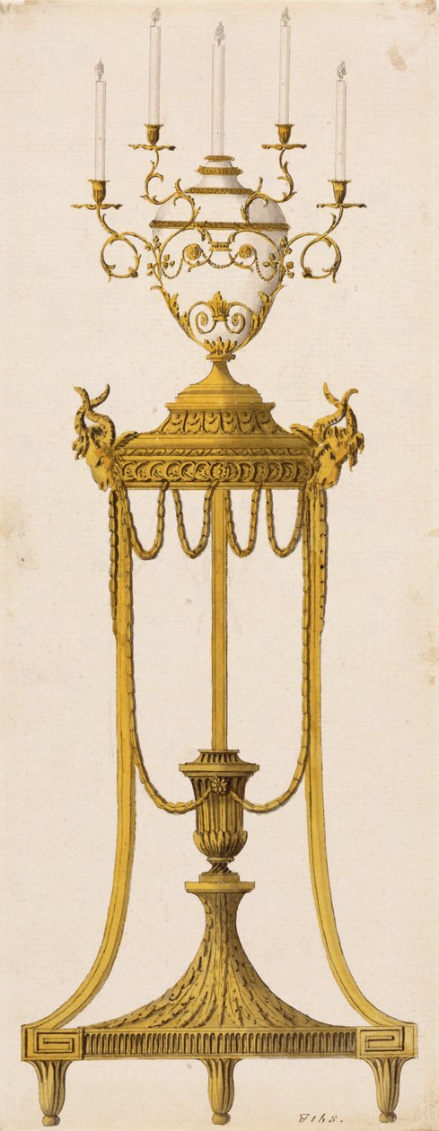 Originalt design til et stativ og vase til stearinlys, fra "Works in Architecture", af Robert og J. Adam, 1773 af English School