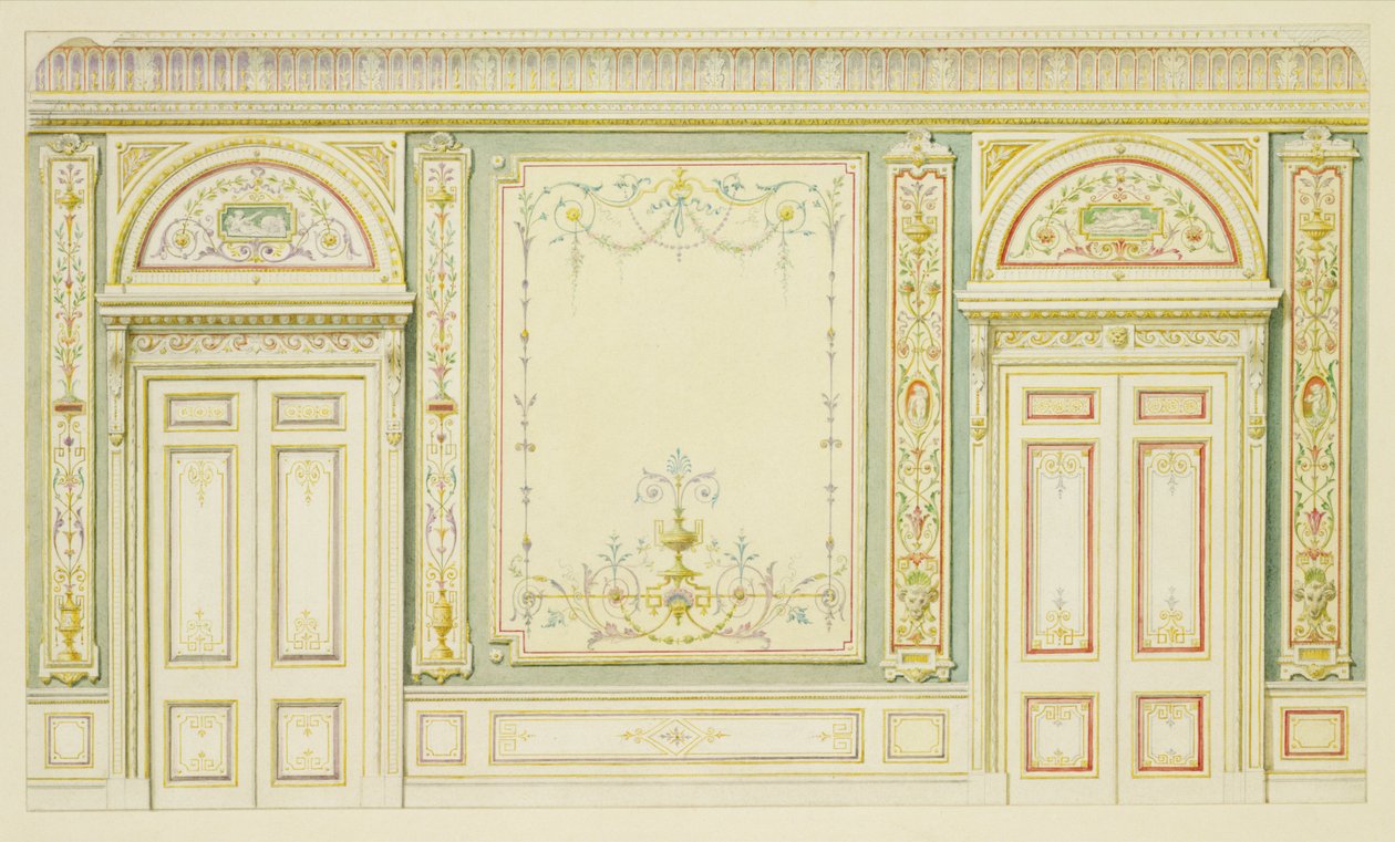 Udsmykkede døre og vægdekoration, i stil med Robert Adam (1728-92) af English School