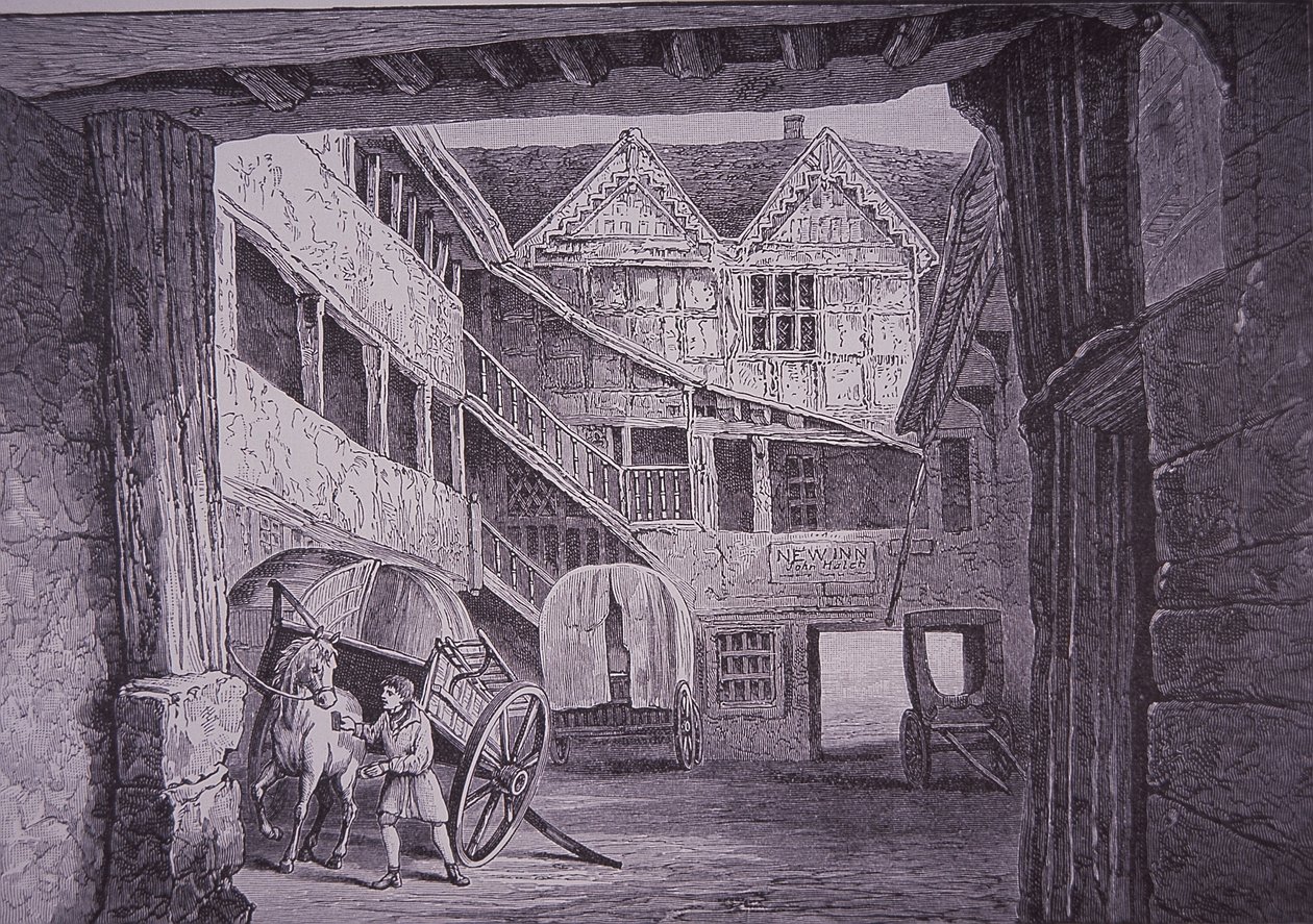 Ostler tilstede hest i gården til New Inn, Gloucester (trægravering) af English School