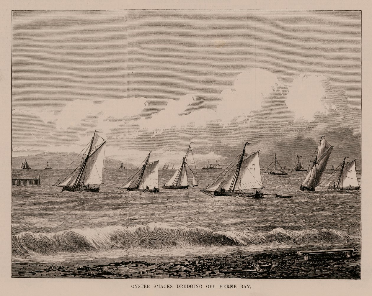 Uddybning af Oyster Smacks ud for Herne Bay (gravering) af English School