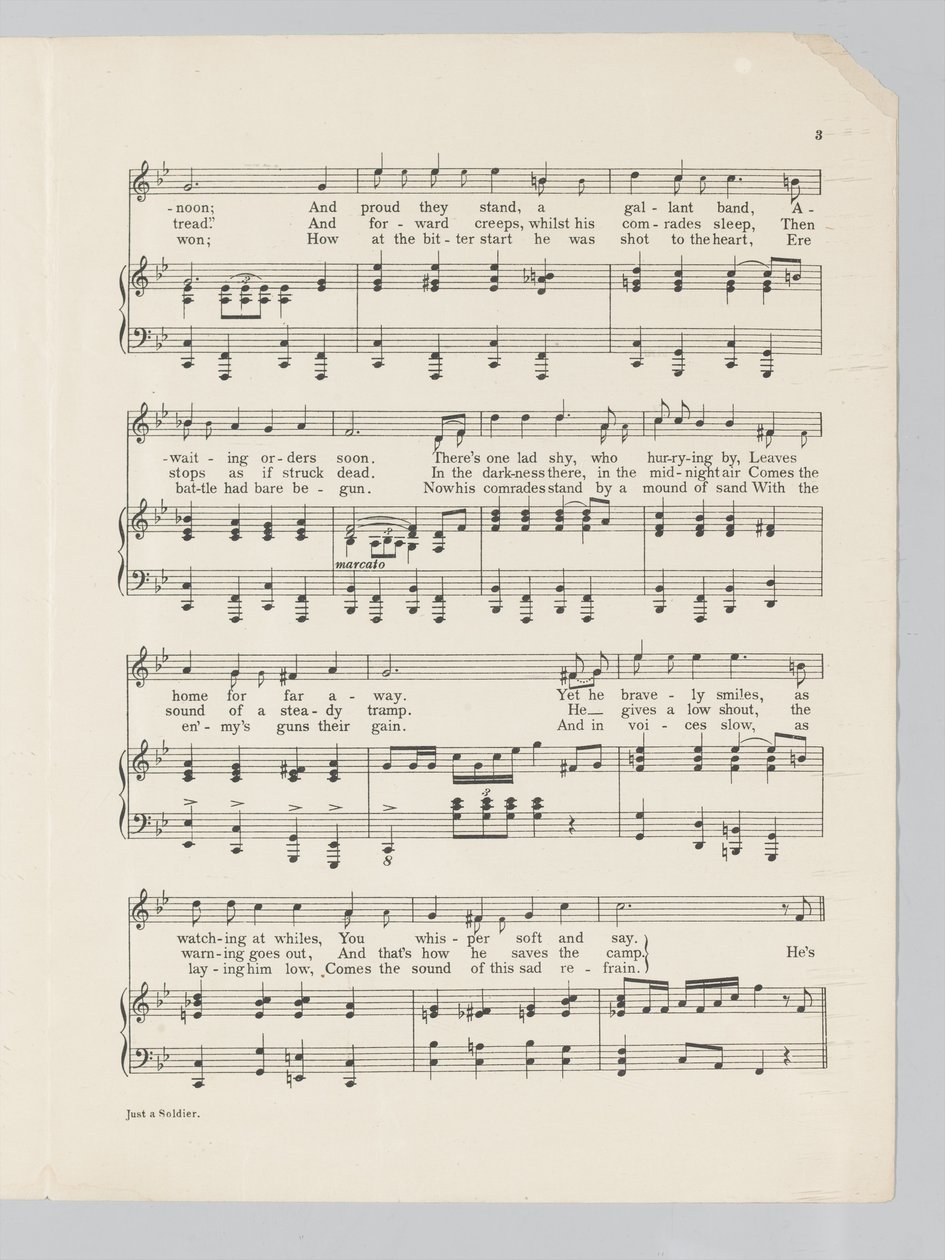 Side 3 af et partitur til sangen Just a Soldier af English School