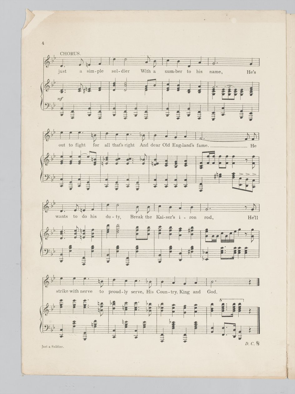Side 4 af et partitur til sangen Just a Soldier af English School