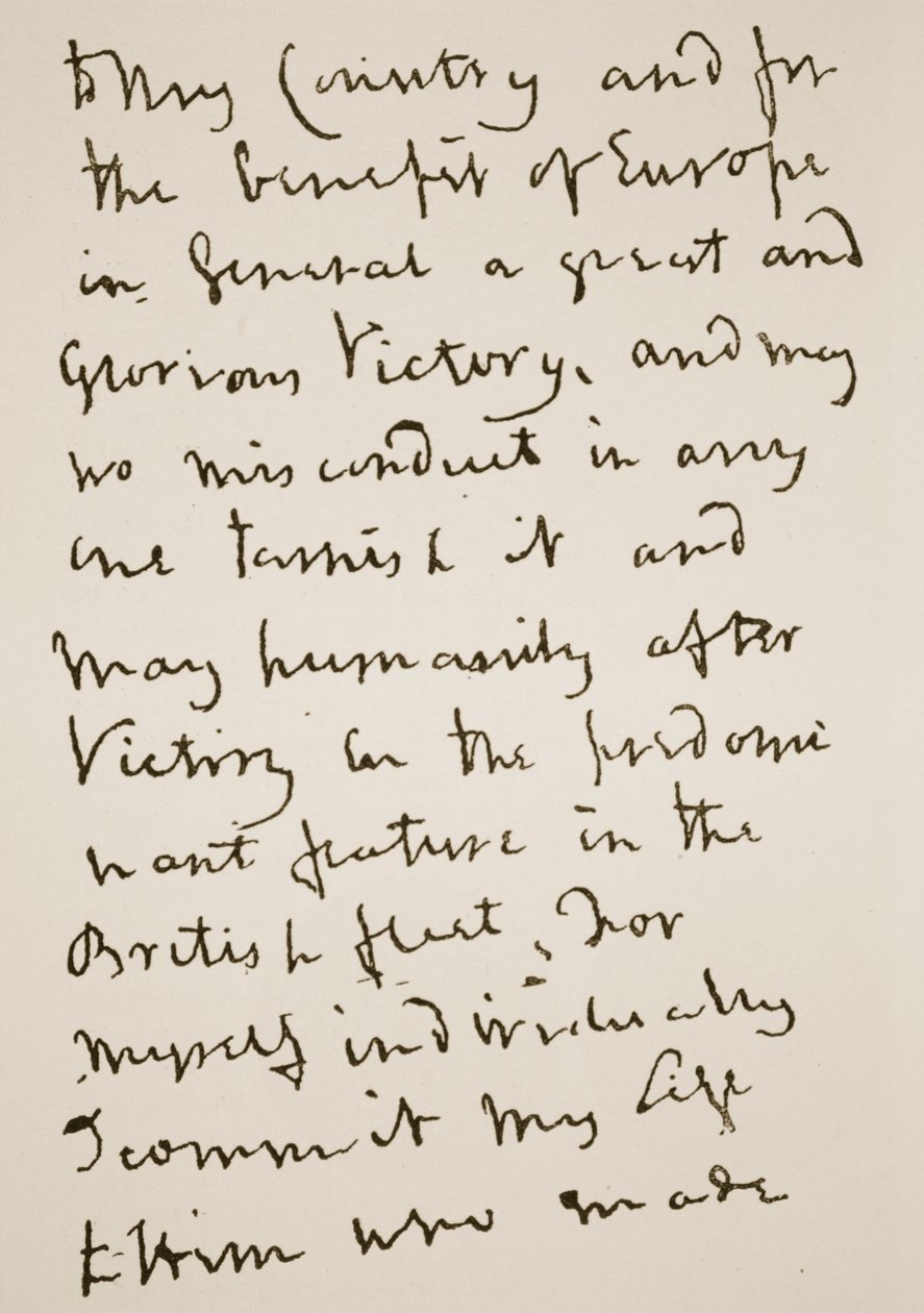 Side med et brev skrevet af Nelson lige før slaget ved Trafalgar, mandag den 21. oktober 1805 (sepiafoto) af English School