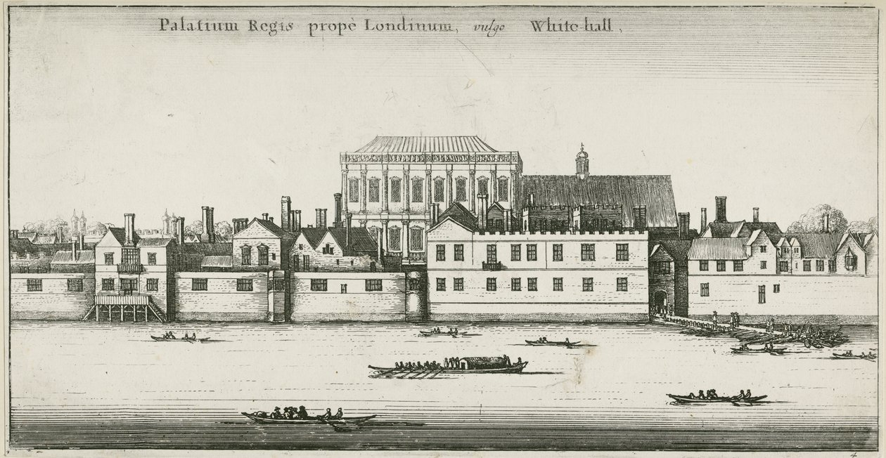 Palace of Whitehall fra Themsen, Westminster, London, Storbritannien (radering) af English School