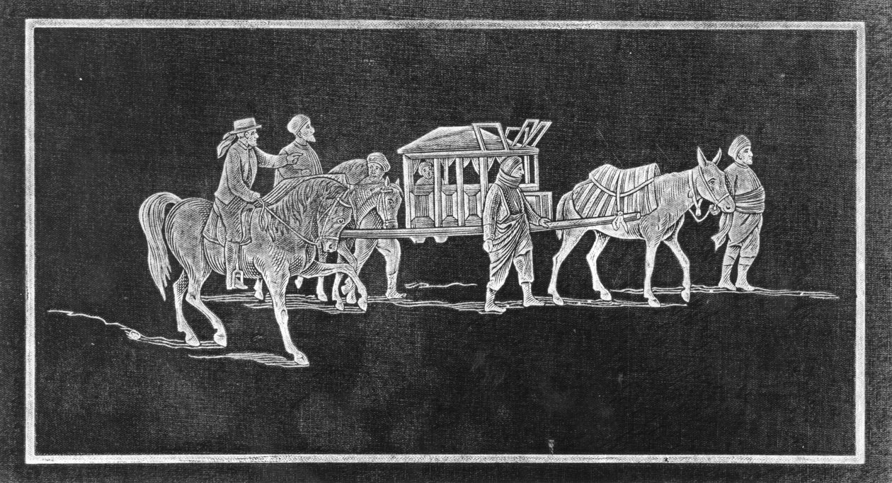 Panel fra forsiden af The Thrones and Palaces of Babylon and Nineveh from Sea to Sea: A Thousand Miles on Horseback af John P. Newman, udgivet 1876 af English School