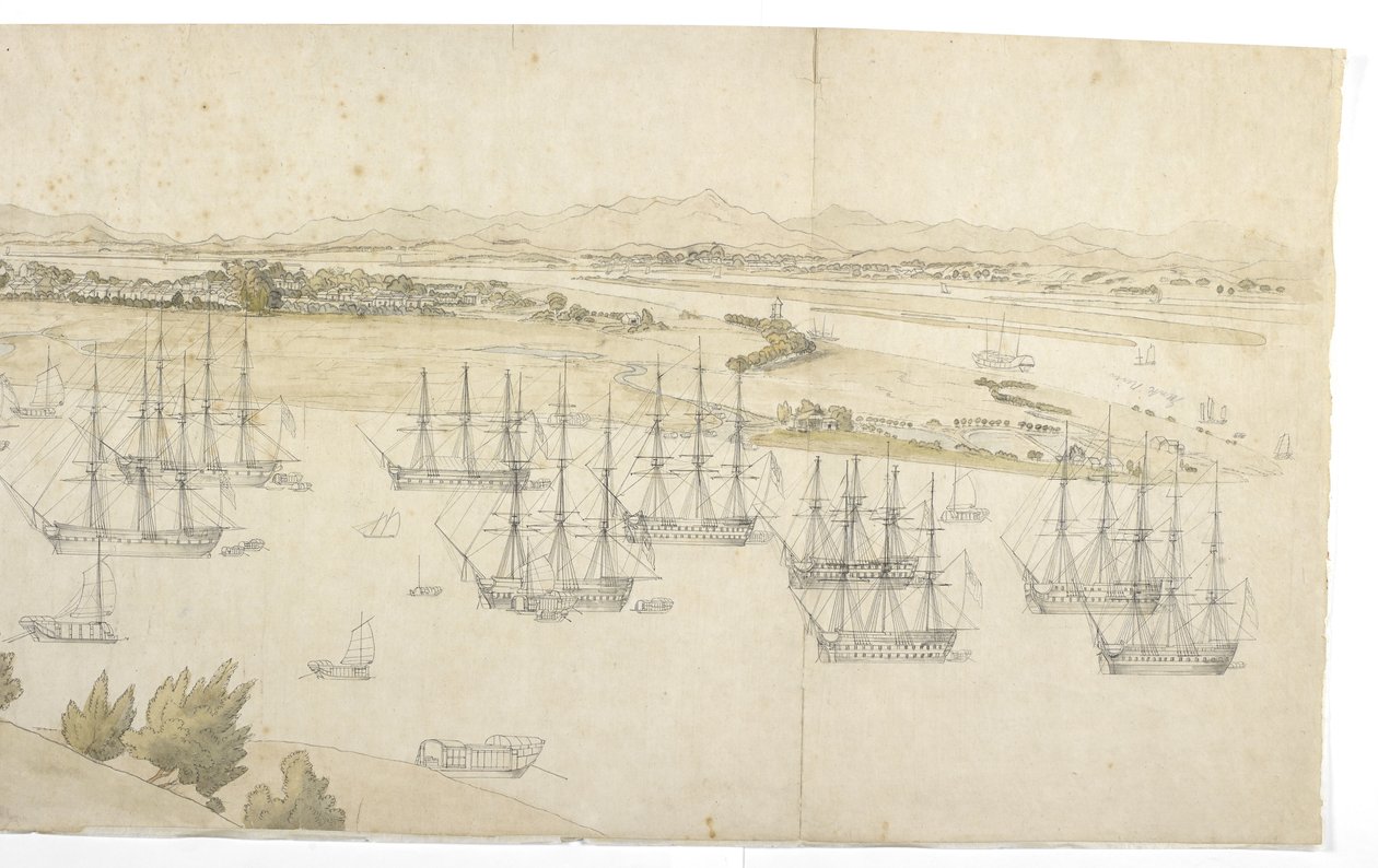 Panorama (højre halvdel) af Whampoa fra Dane Island, med britisk og amerikansk skibsfart på ankerpladsen af English School