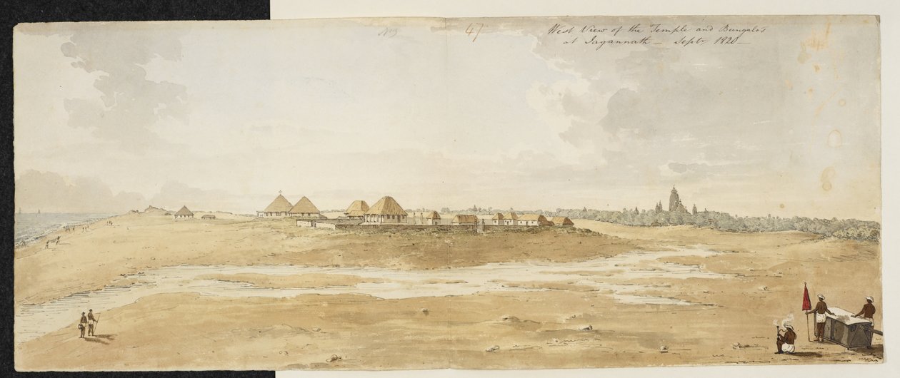 Panorama af Jagannaths store tempel, Puri (Orissa), taget fra vest, viser europæiske bungalows i forgrunden ved kysten, september 1820 (akvarel på papir) af English School