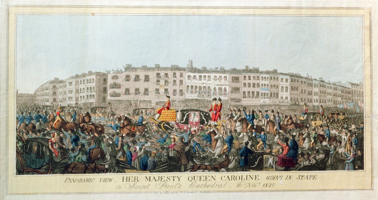 Panoramaudsigt. Hendes Majestæt Dronning Caroline går i staten til St. Pauls Cathedral, 20. november 1820, pub. 1821 (akvatinte på papir) af English School