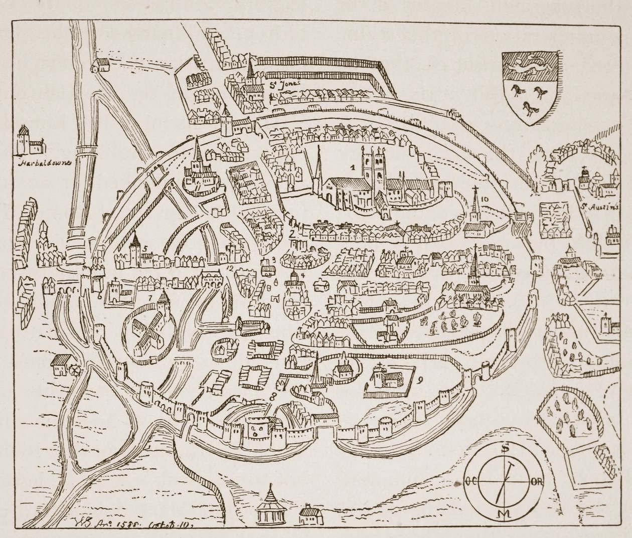 Panoramaudsigt over Canterbury i det sekstende århundrede, illustration fra The Church of England: A History for the People af H.D.M. Spence-Jones, pub. ca. 1910 (sepiafoto) af English School