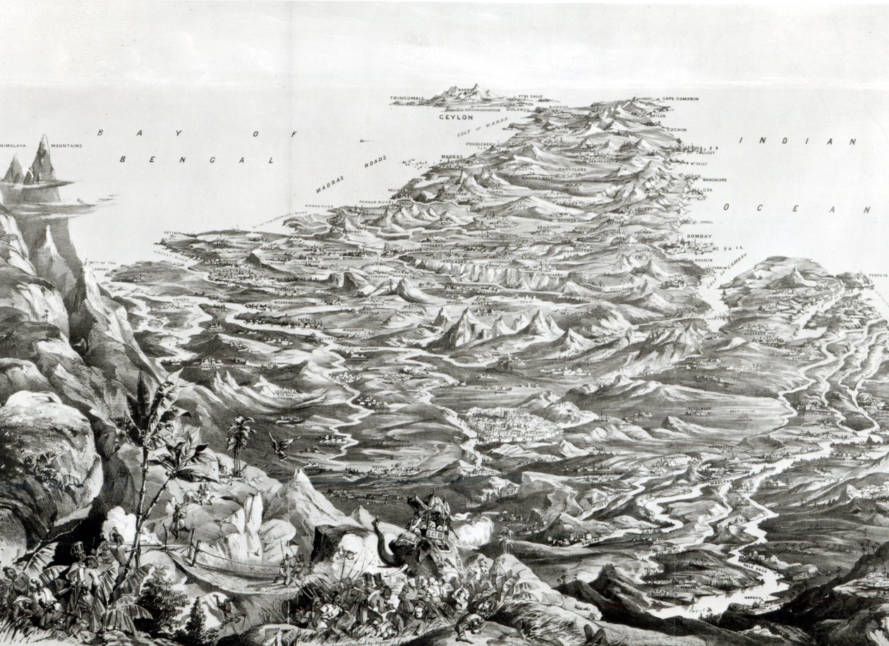 Panoramaudsigt over Indien fra Himalaya-bjergene, designet af T. Packer, 1857 af English School