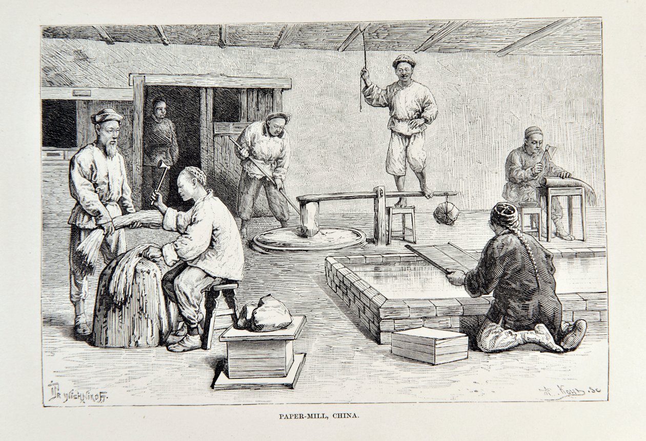 Paper-Mill, Kina, illustration fra The Universal Geography, the Earth and its inhabitants af Elisee Reclus, udgivet 1878 af English School