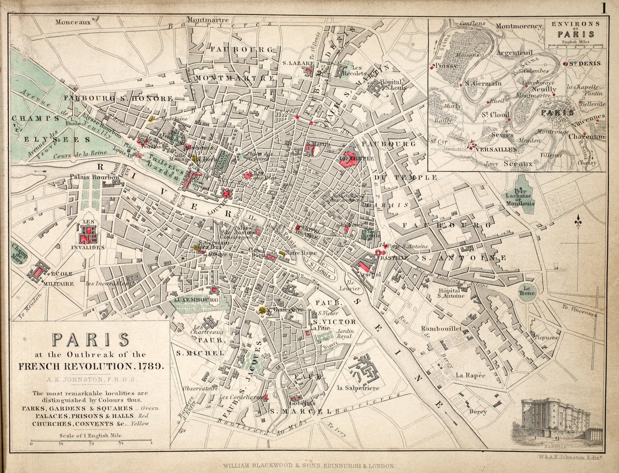 Paris ved udbruddet af den franske revolution i 1789 (farvet litho) af English School
