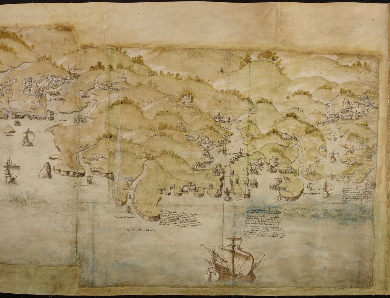 Del af et panoramakort over kysten fra Lands End til Exmouth, ca. 1539 (pen og blæk med vask på papir) af English School