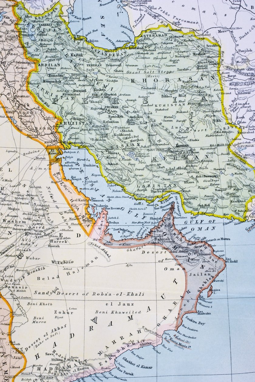Delvist kort over Mellemøsten med det Røde Hav, Den Persiske Golf og Afrikas Horn i 1890