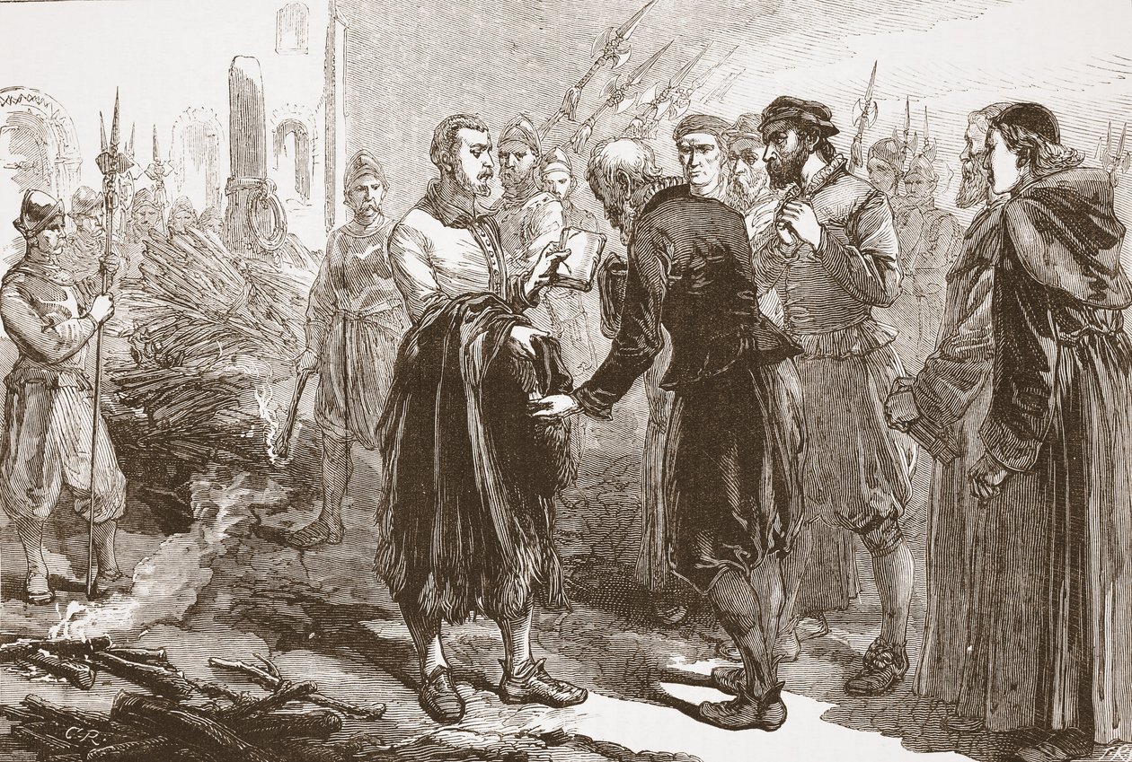 Afsked mellem Patrick Hamilton og hans venner på bålet, illustration fra The History of Protestantism af James Aitken Wylie (1808-1890), pub. 1878 af English School
