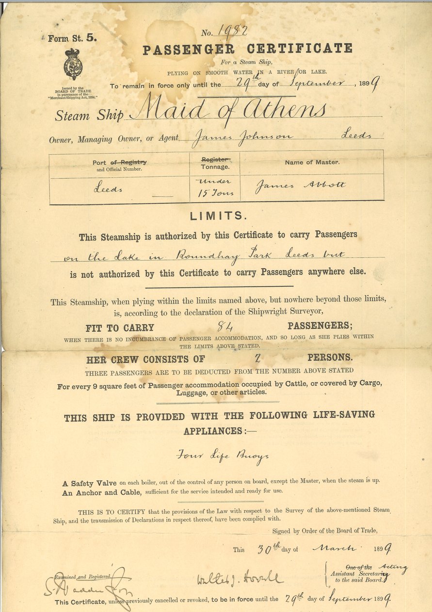 Passagercertifikat for dampskibet The Maid of Athens af English School