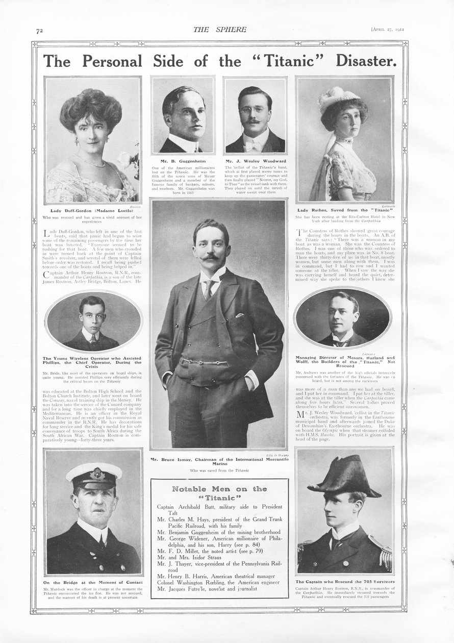 Passagerer på RMS Titanic, fotografier og information om bemærkelsesværdige personer forbundet med Titanic, fra The Sphere, 27. april 1912 af English School
