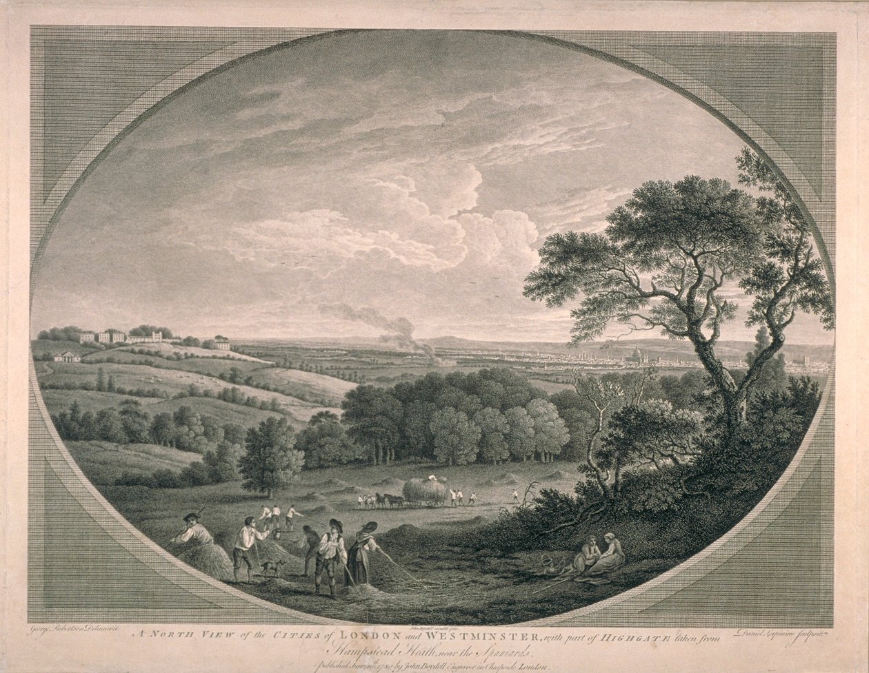 Pastoral udsigt over byer i Westminster med en del af Highgate, 1780 af English School