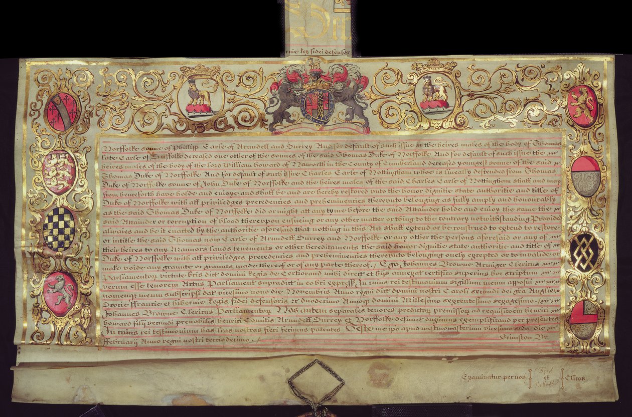 Patent til restaurering af hertugdømmet Norfolk, af Charles II, 1660 (blæk & bladguld på vellum) af English School