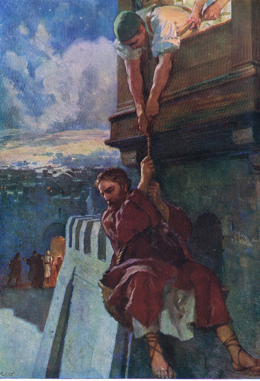 Pauls flugt fra Damaskus, fra Bibelens billedbog udgivet af Thomas Nelson, ca. 1950 (farve litho) af English School