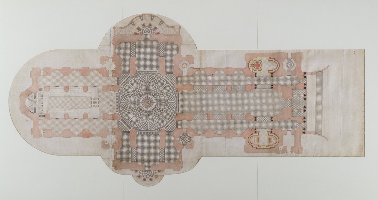 Belægningsplan for St. Pauls Cathedral, som udført, ca. 1710 (pen og blækvask på papir) af English School