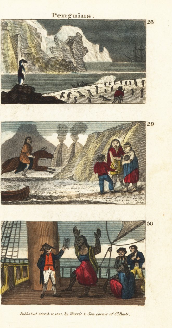 Pingviner i Sydamerika 28, patagoniske kæmper i dyrehud 29 og patagoniere, der blev glade ved synet af et spejl på kaptajn Samuel Wallis