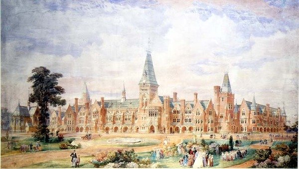 Perspektivdesign til en skole eller college, ca. 1865 af English School