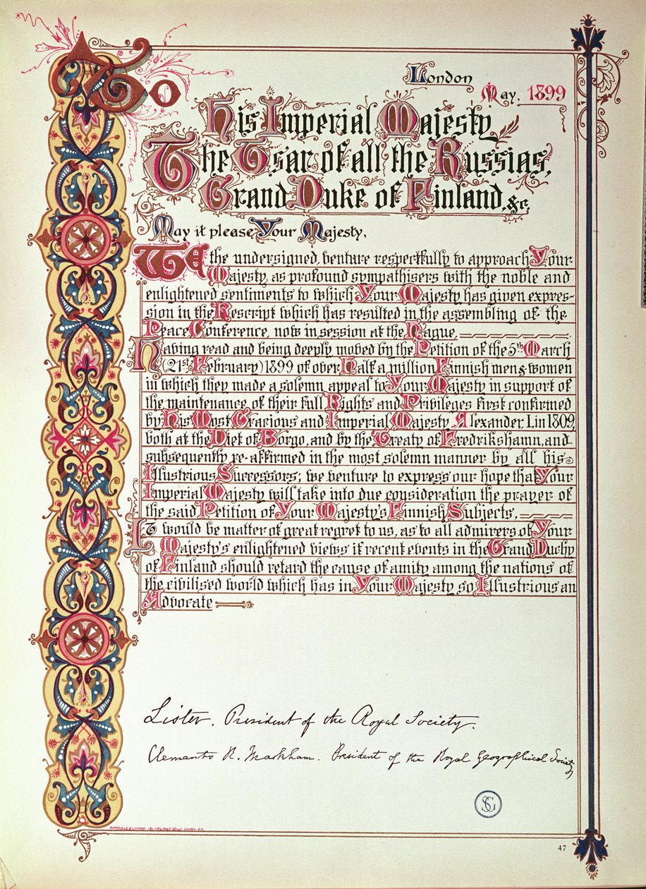 Andragende til zar Nicholas II af Rusland, der protesterede mod russificeringen af Finland, 1899 (belyst papir) af English School