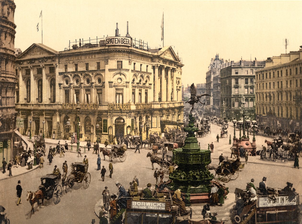 Piccadilly Circus, London (håndfarvet foto) af English School
