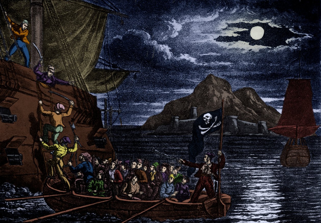 Pirater går om bord på et spansk skib, Vestindien, illustration fra 
