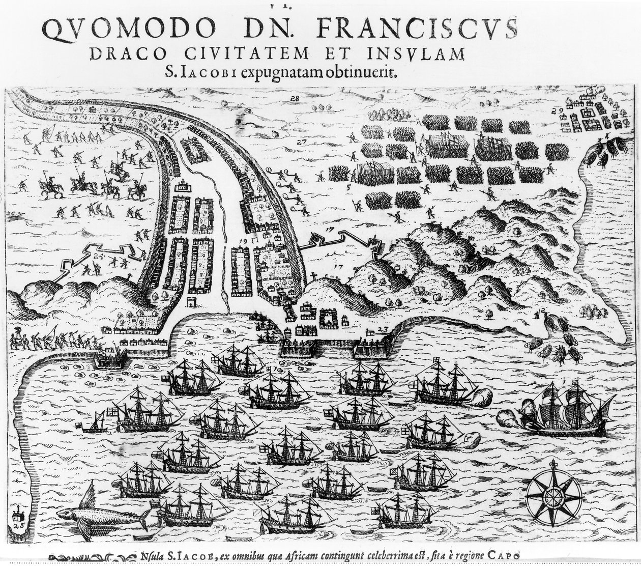 Plan viser, hvordan Francis Drake (ca. 1540-96) stormede og holdt øen San Jacob af English School