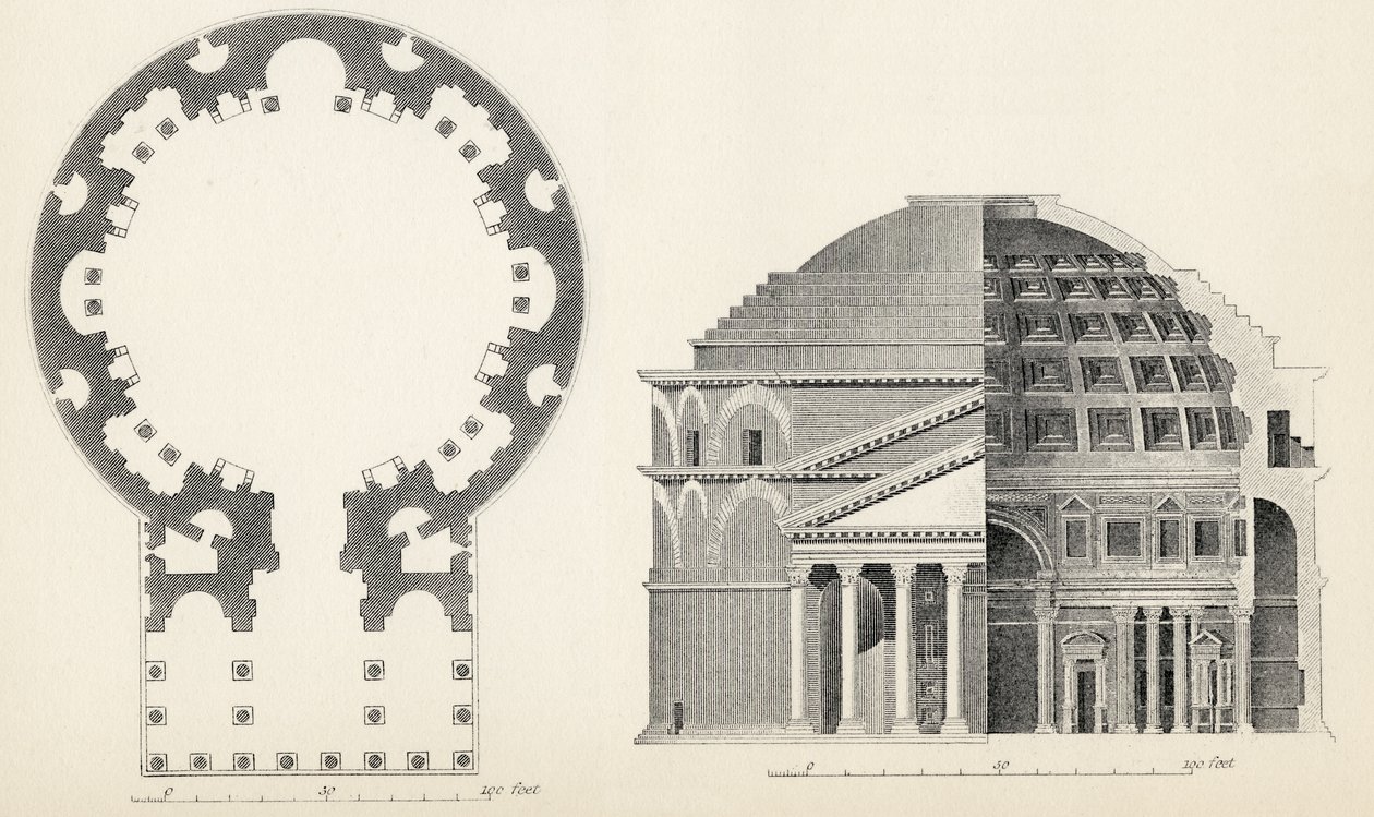 Plan og højde af Pantheon i Rom, fra The National Enclopaedia, udgivet af William Mackenzie, London, slutningen af det 19. århundrede af English School