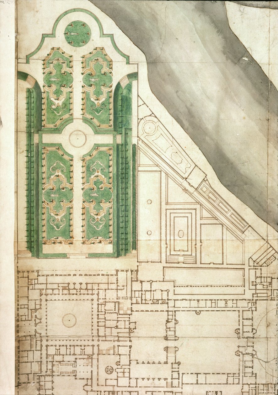Plan over Hampton Court og dens haver, ca. 1714 (pen & blæk og wc på papir) af English School