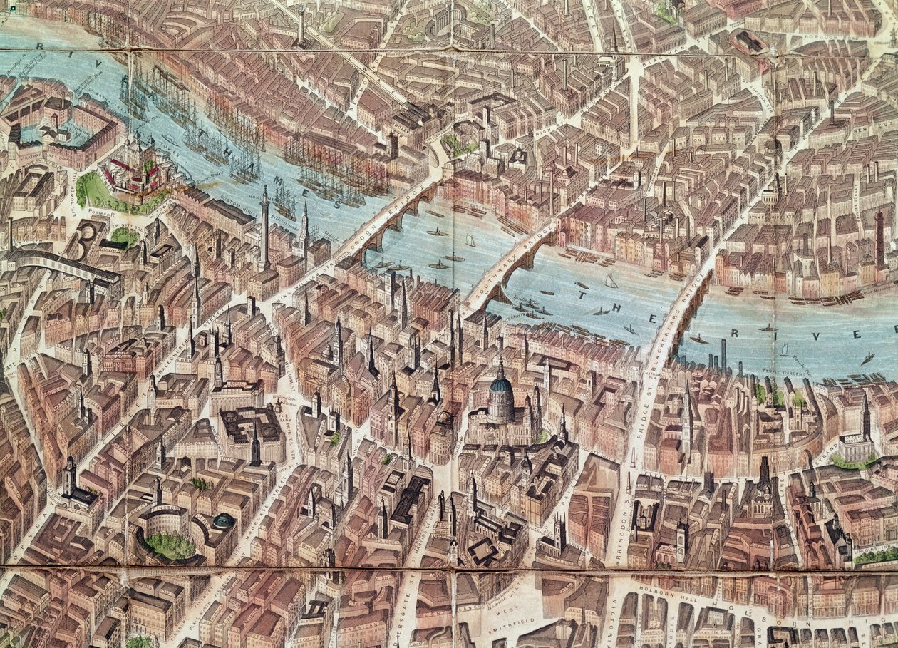 Plan over London, der ser mod Southwark (håndfarvet gravering) af English School