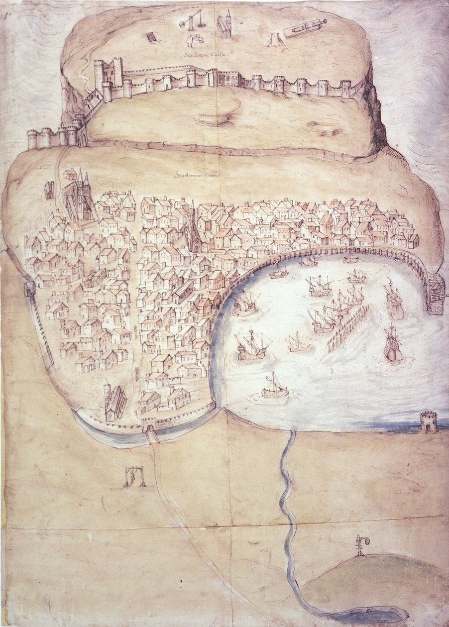 Plan over Scarborough og dets forsvar, ca. 1540 (farve litho) af English School