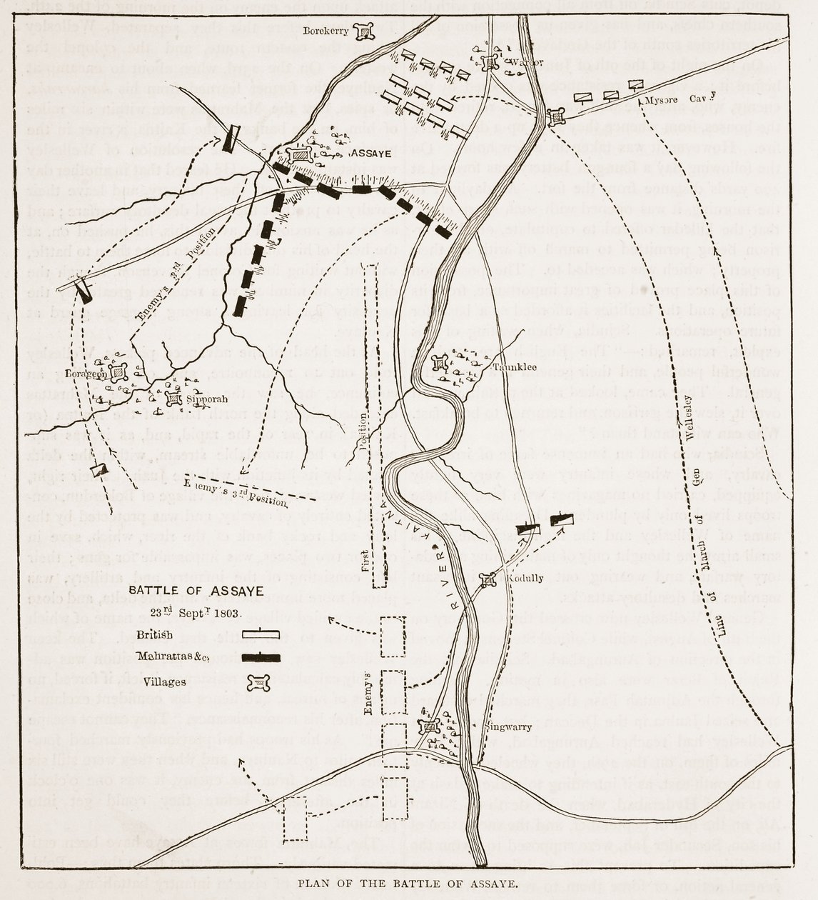 Plan for slaget ved Assaye, illustration fra Cassells Illustrated History of India af James Grant, pub. 1879 af English School