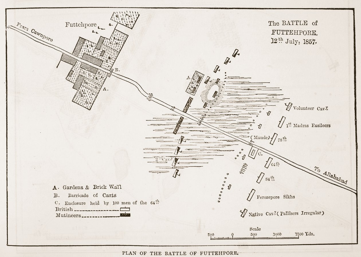 Plan for slaget ved Futtehpore, 12. juli 1857, fra Cassells Illustrated History of England af English School