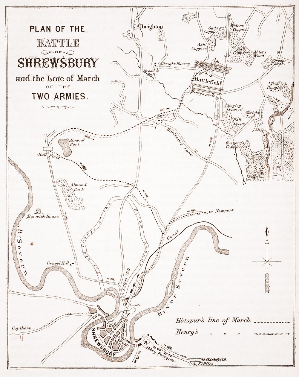 Plan for slaget ved Shrewsbury og de to hæres linje i marts af English School