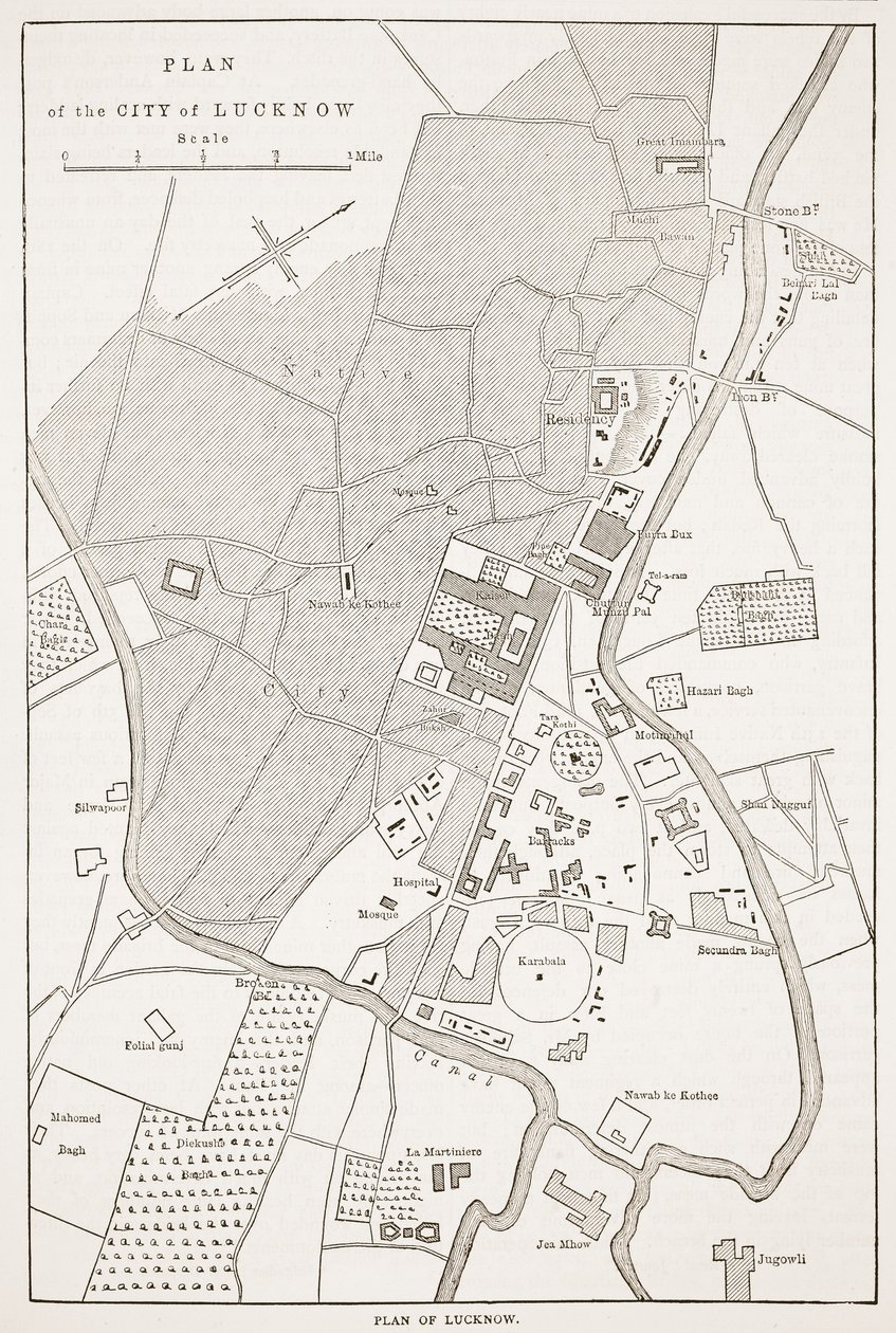 Plan over byen Lucknow, fra Cassells Illustrated History of England af English School