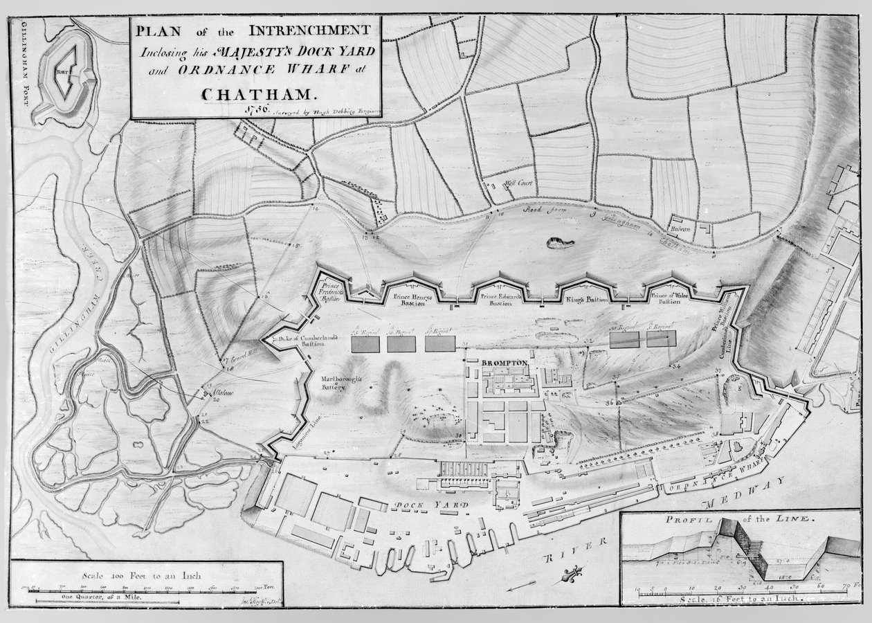 Plan for forankringen af Hans Majestæts Dock Yard og Ordnance Wharf i Chatham af English School