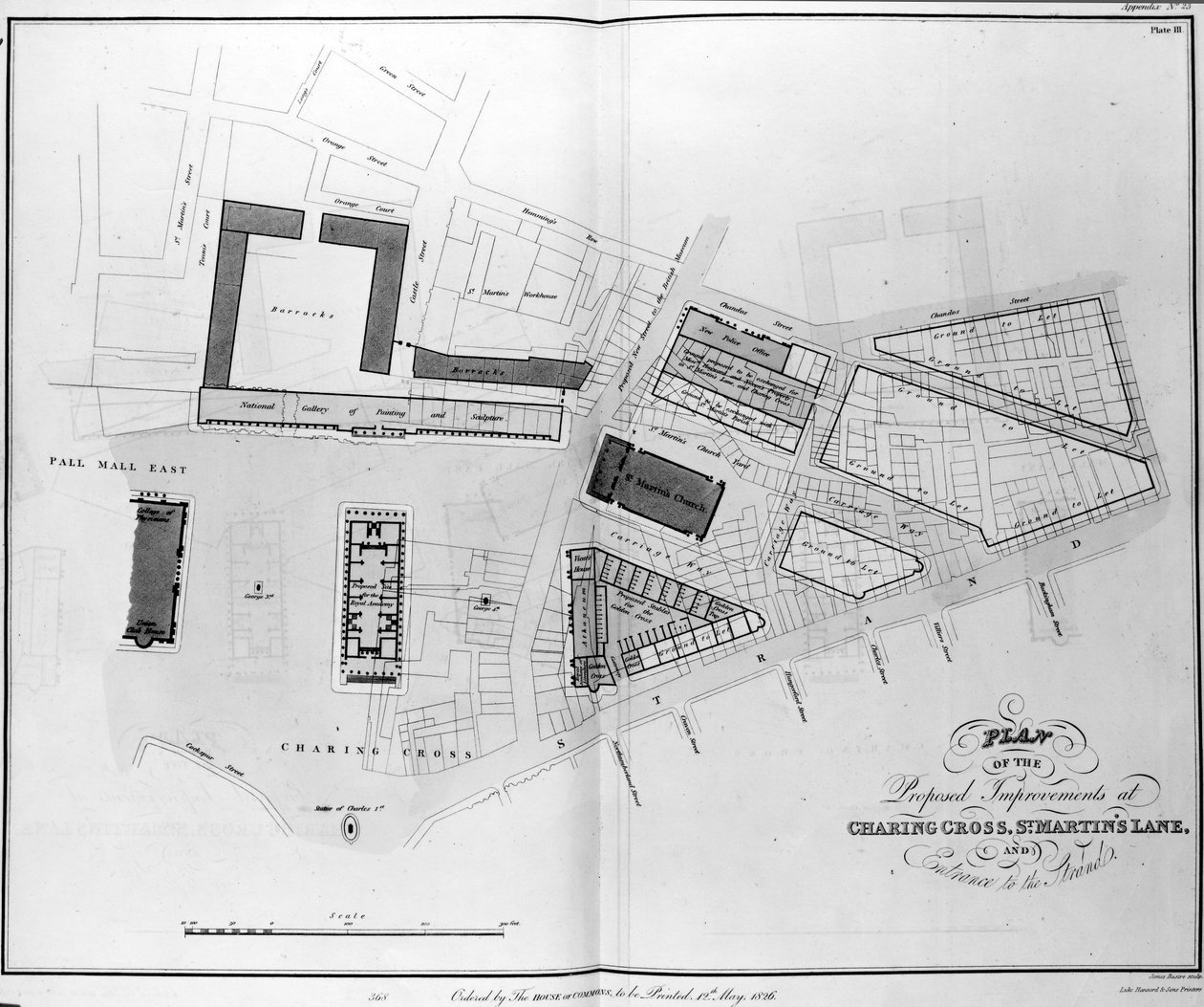 Plan over de foreslåede forbedringer ved Charing Cross, St. Martins Lane og Entrance to the Strand, graveret af James Basire, 1826 af English School