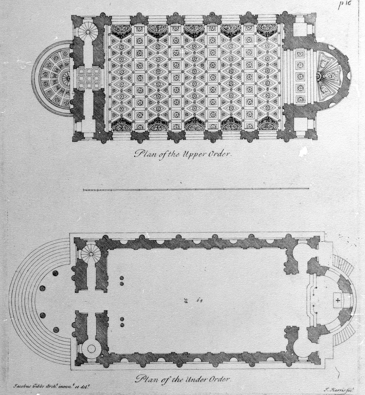 Plan over den øvre og nedre orden af St. Marys Le Strand, Westminster, 1720 af English School
