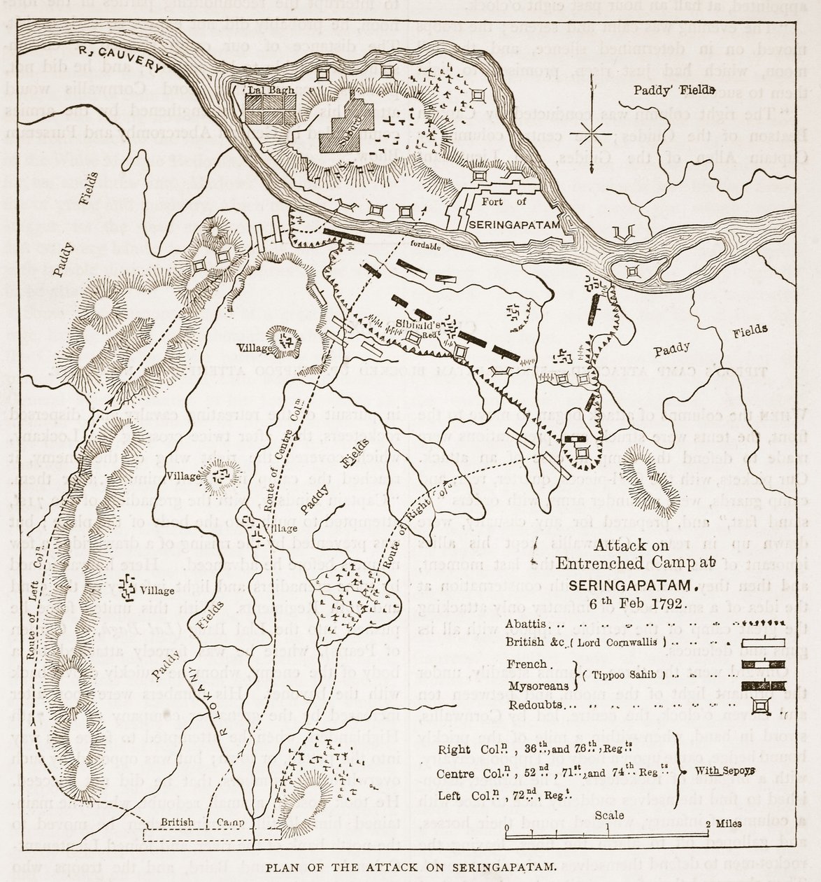Plan for angrebet på Seringapatam, illustration fra Cassells Illustrated History of India af James Grant, pub. 1879 af English School