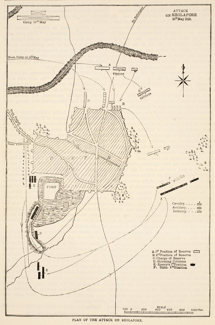 Plan for angrebet på Sholapore, illustration fra Cassells Illustrated History of India af James Grant, pub. 1879 af English School