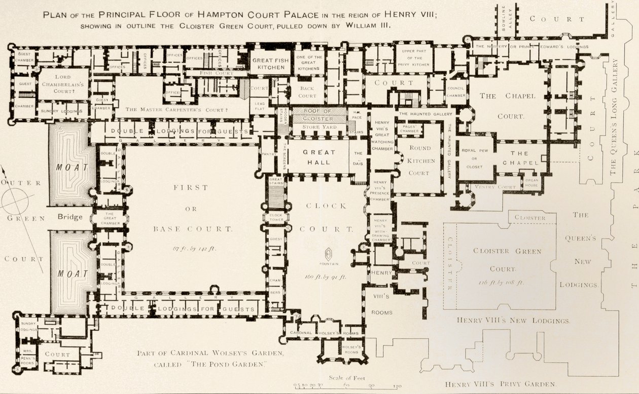 Plan over hovedetagen af Hampton Court Palace, som det var under kong Henry VIII