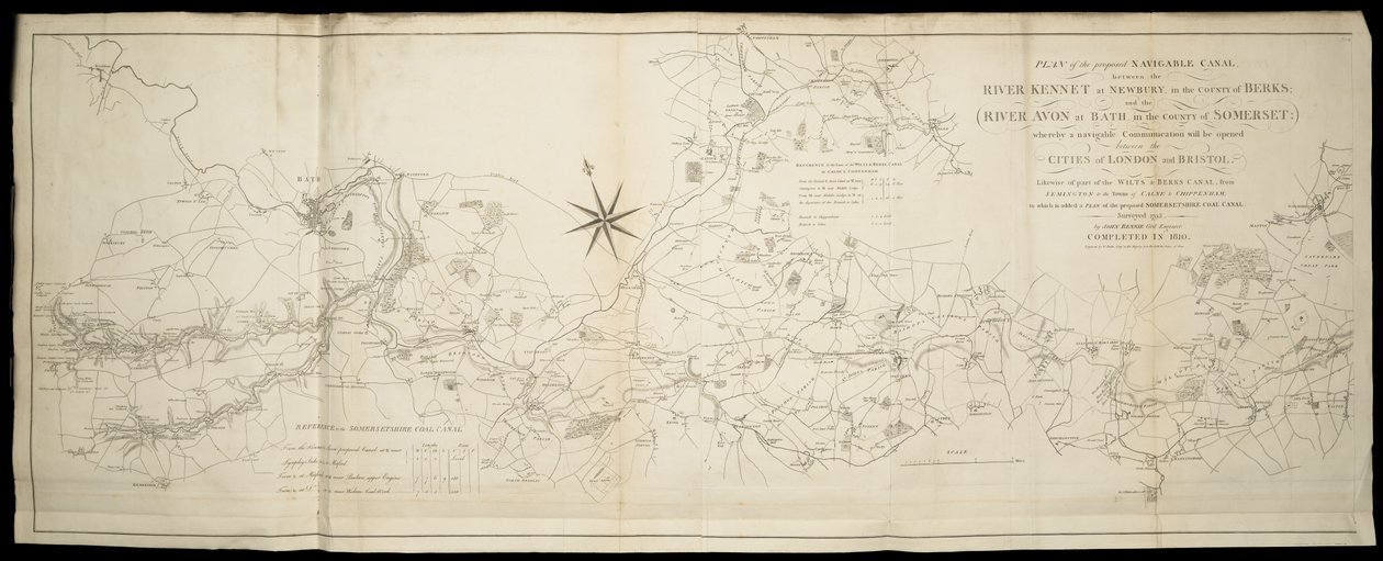 Plan for den foreslåede sejlbare kanal mellem floden Kennet ved Newbury i Berks og floden Avon i Somerset: hvorved en sejlbar kommunikation vil blive åbnet mellem..London og Bristol [også] Wilts & Berks & Somerset Coal Canals / Undersøgt... af John Rennie af English School