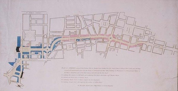 Plan præsenteret for House of Commons af en gade foreslået fra Charing Cross til Portland Place, der fører til Crown Estate i Marylebone Park af English School