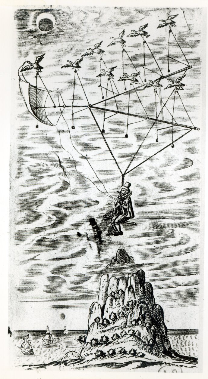 Plane, illustration fra frontispicen af The man in the moone eller en tale om en rejse dertil af Domingo Gonsales, the speedy Messenger af Francis Godwin (1562-1633), udgivet posthumt i af English School