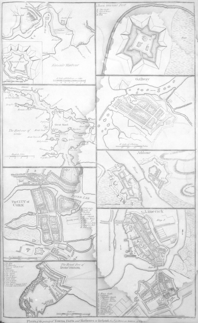 Planer over de vigtigste byer, forter og havne i Irland, illustration fra "Harrison