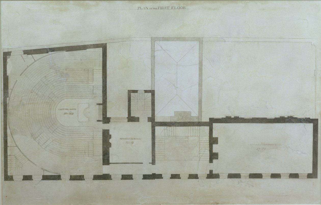 Tegninger af første sal i Albemarle Street 21 efter de indledende ændringer af huset efter dets erhvervelse af Royal Institution, ca. 1800 (blyant og wc på papir) af English School